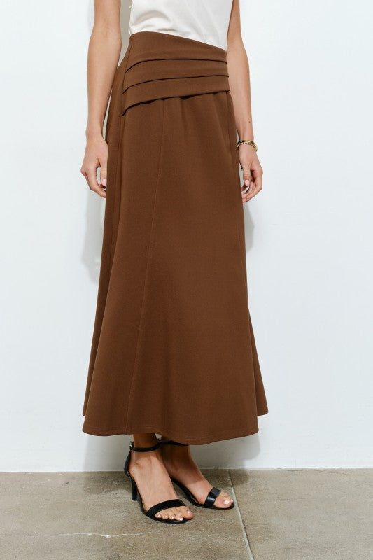 Pleated Waistband Brown Midi Skirt