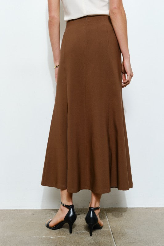 Pleated Waistband Brown Midi Skirt