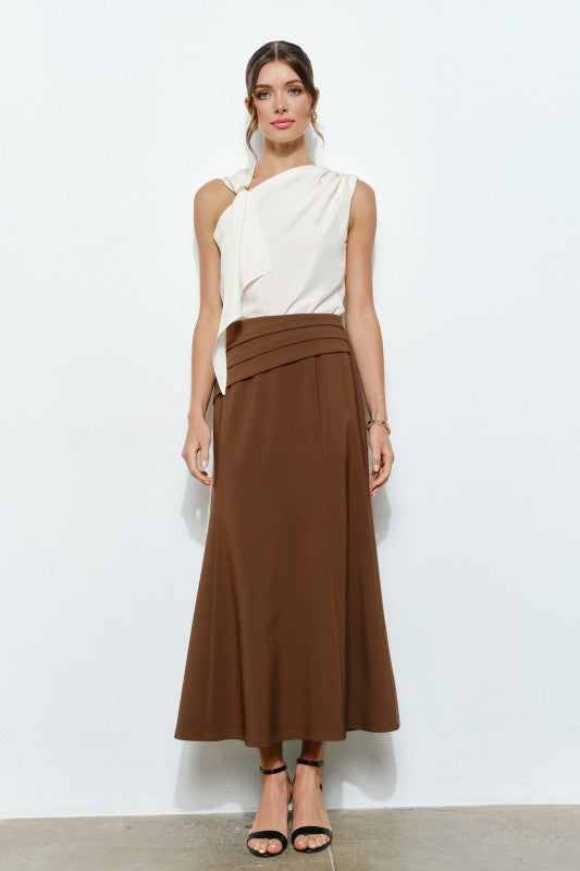 Pleated Waistband Brown Midi Skirt