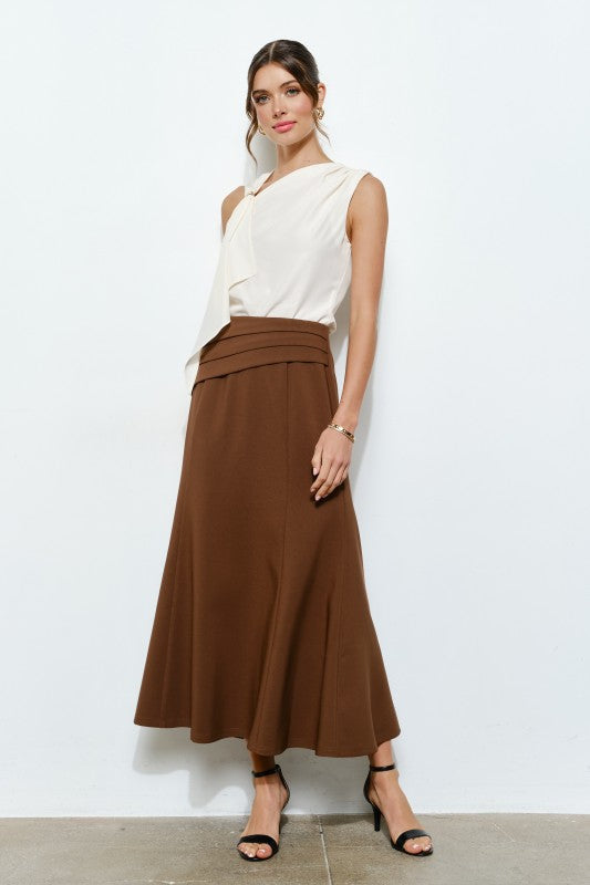 Pleated Waistband Brown Midi Skirt