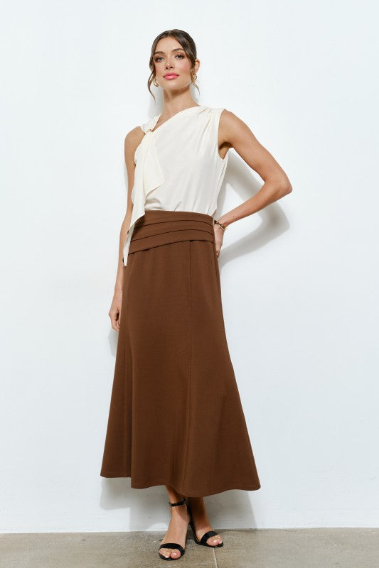 Pleated Waistband Brown Midi Skirt