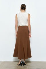 Pleated Waistband Brown Midi Skirt