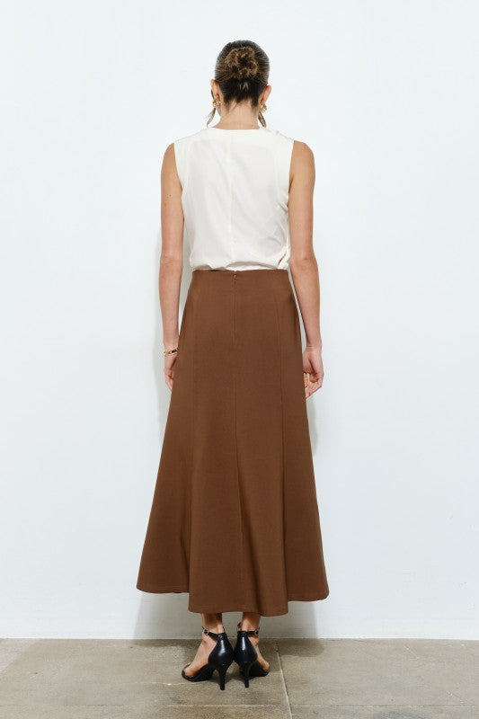 Pleated Waistband Brown Midi Skirt