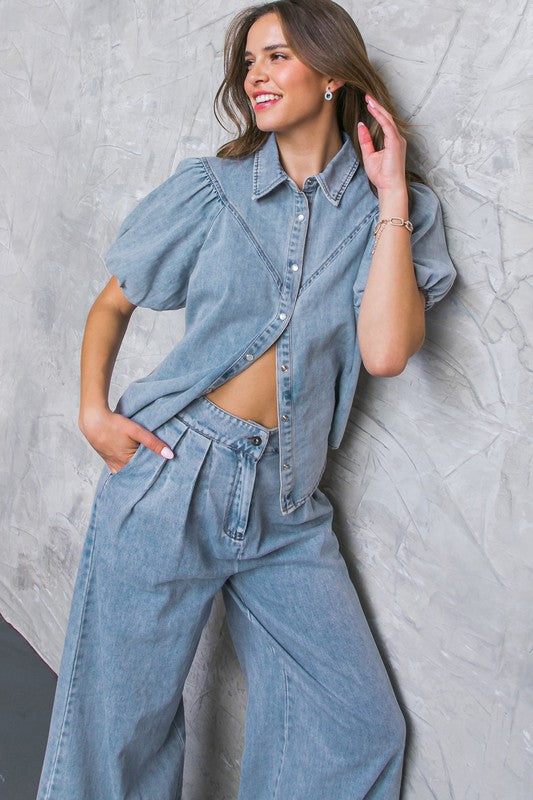 Denim Acid Puff Sleeve Top