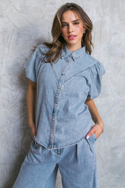 Denim Acid Puff Sleeve Top