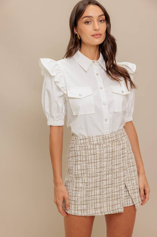 Ruffle Sleeve Cotton Poplin Shirt