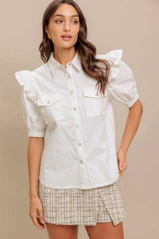 Ruffle Sleeve Cotton Poplin Shirt