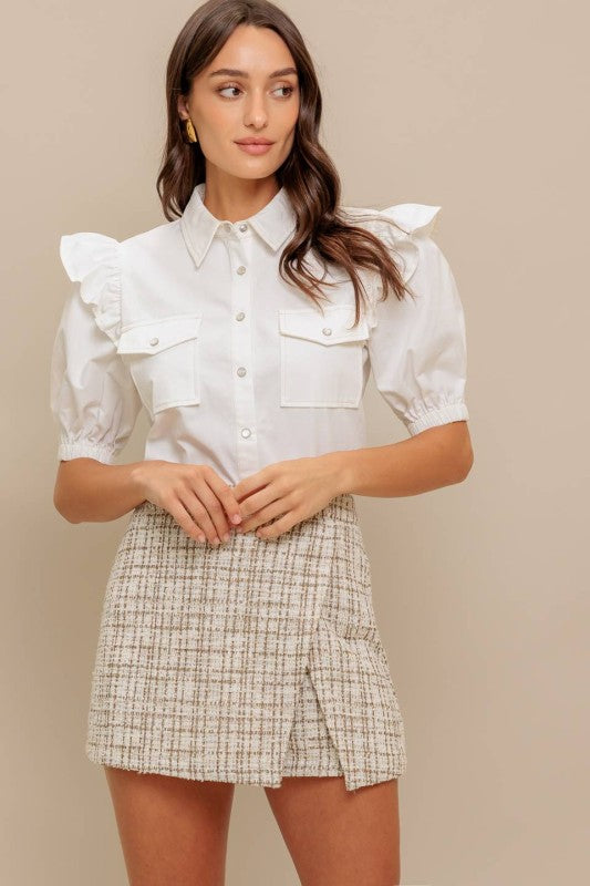 Ruffle Sleeve Cotton Poplin Shirt