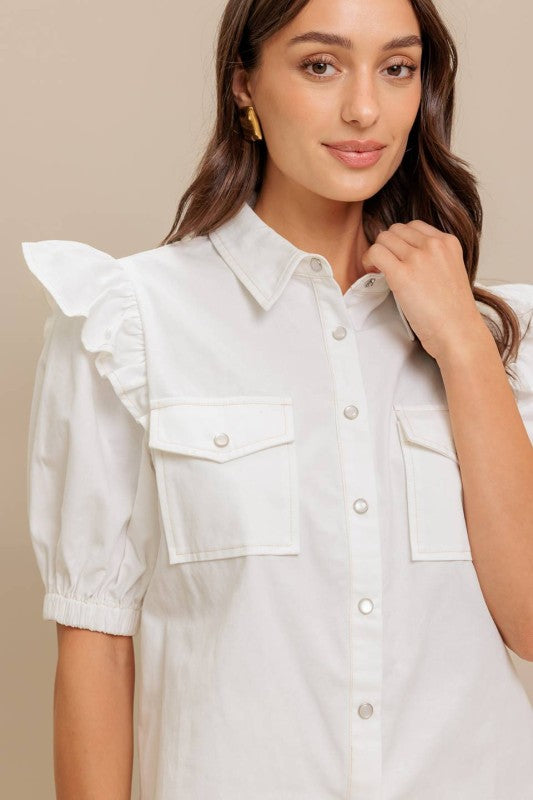Ruffle Sleeve Cotton Poplin Shirt