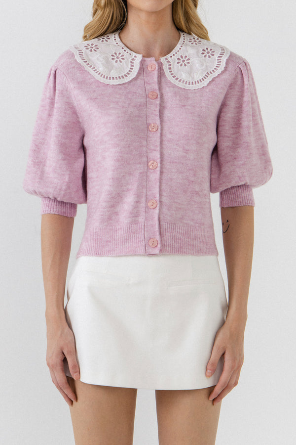 Collar Detail Short Puff Sleeve Cardigan