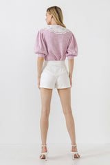 Collar Detail Short Puff Sleeve Cardigan