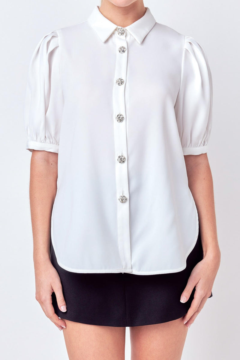 Jeweled Button Puff Sleeve Top (White, Black)