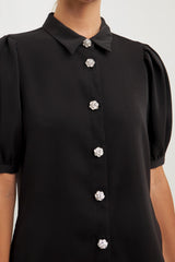 Jeweled Button Puff Sleeve Top (White, Black)
