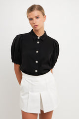Jeweled Button Puff Sleeve Top (White, Black)