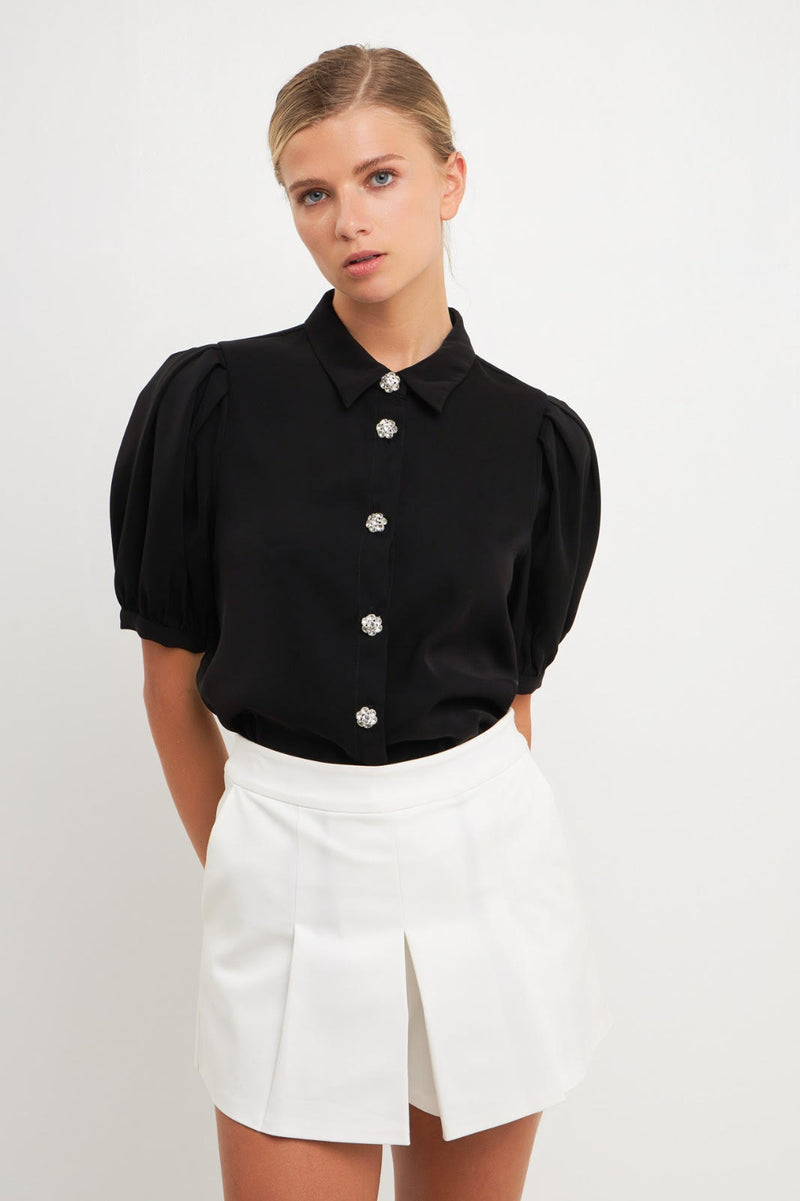 Jeweled Button Puff Sleeve Top (White, Black)