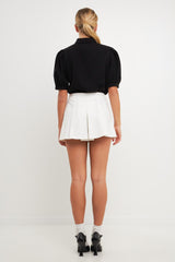 Jeweled Button Puff Sleeve Top (White, Black)