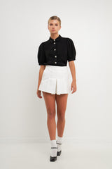 Jeweled Button Puff Sleeve Top (White, Black)