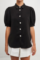 Jeweled Button Puff Sleeve Top (White, Black)