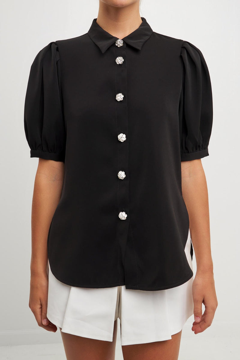 Jeweled Button Puff Sleeve Top (White, Black)