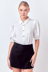 Jeweled Button Puff Sleeve Top (White, Black)