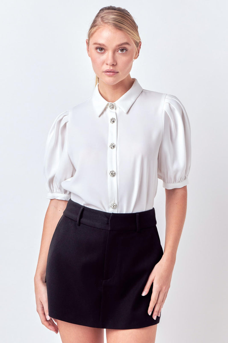 Jeweled Button Puff Sleeve Top (White, Black)