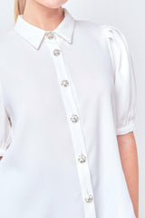 Jeweled Button Puff Sleeve Top (White, Black)