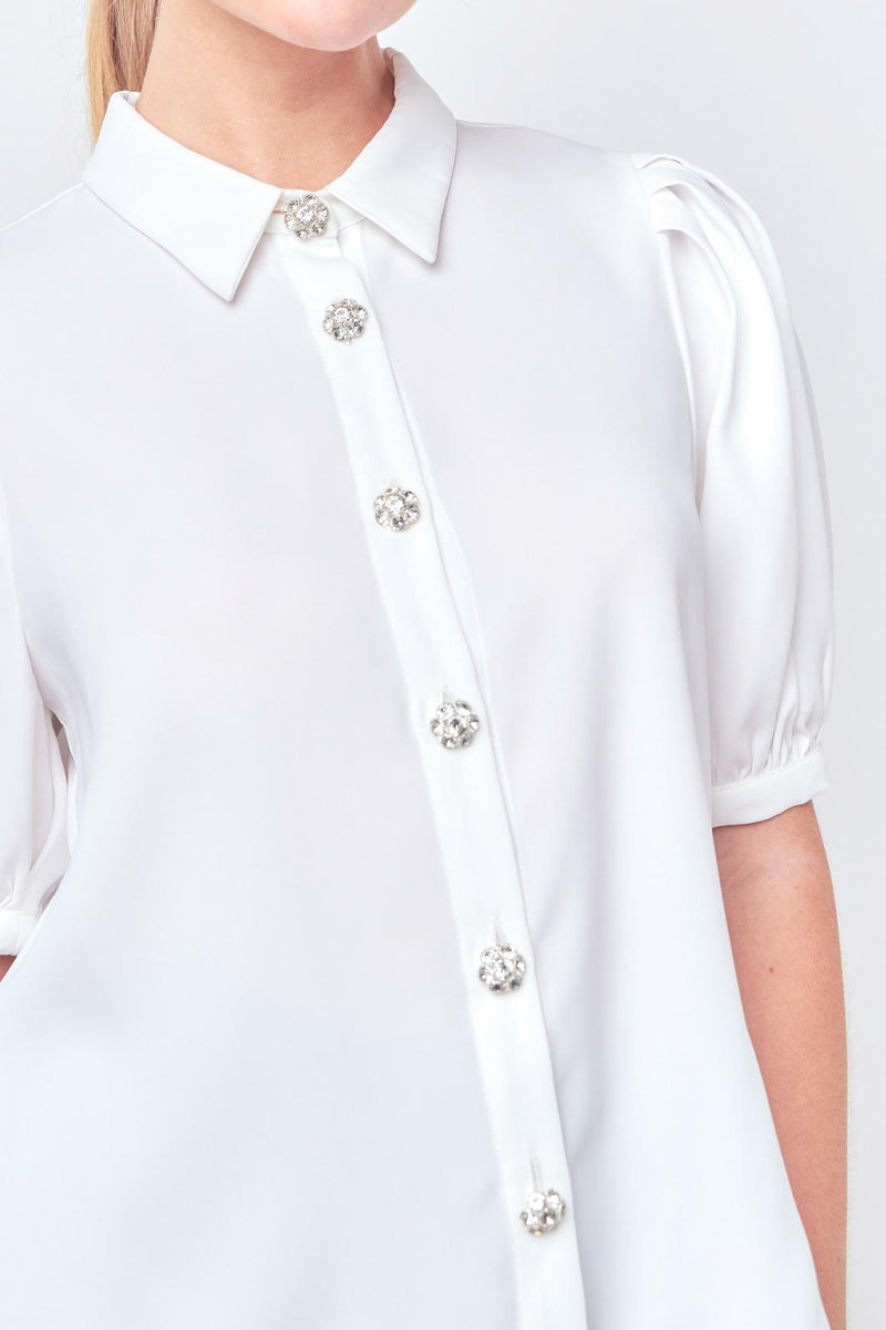 Jeweled Button Puff Sleeve Top (White, Black)