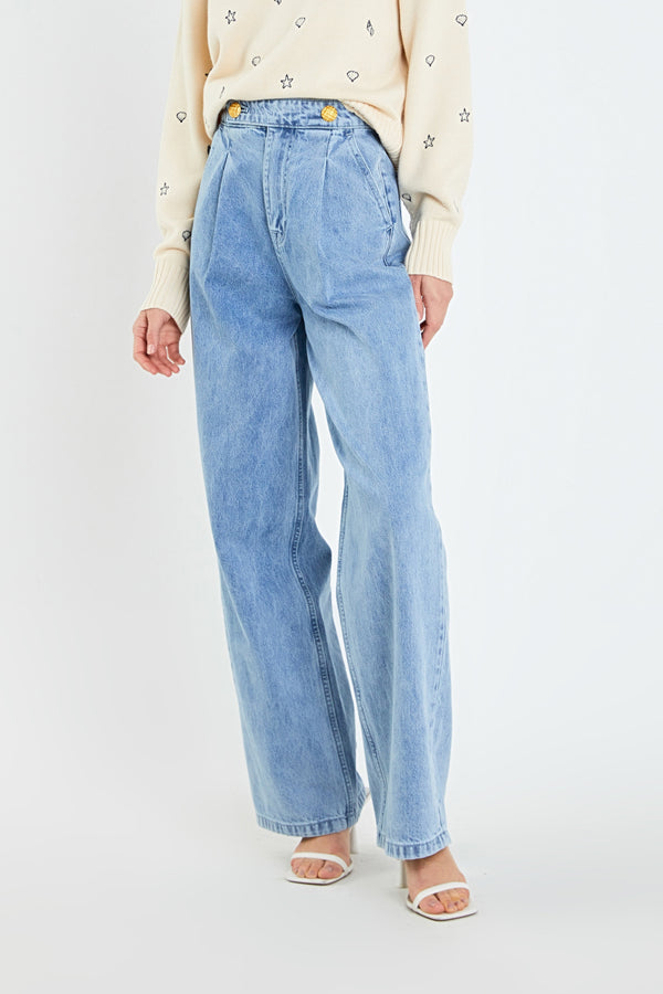 Gold Buttons High Waisted Denim Pants (Denim, Off White)