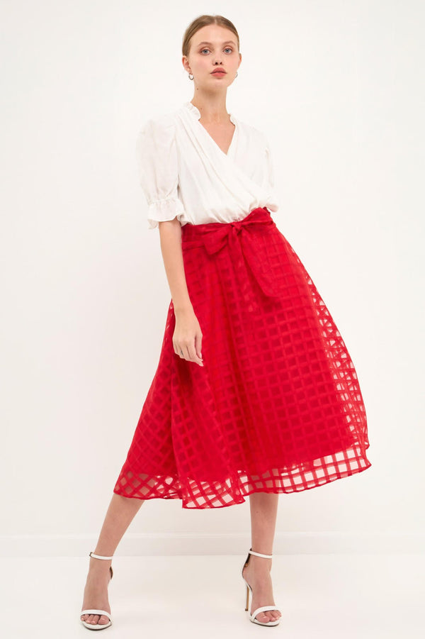 Plaid Organza Fit & Flare Midi Skirt (Red, Black)