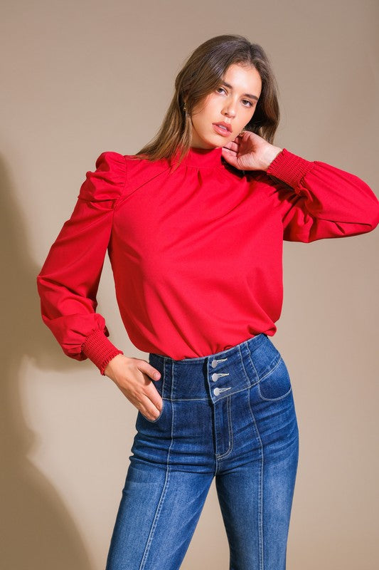High Collar Solid Woven Blouse