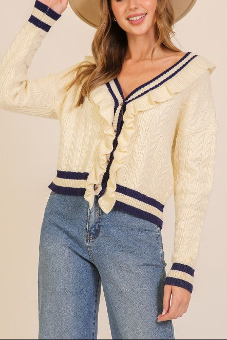 Ruffle-Trim Cable Knit Cardigan