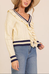 Ruffle-Trim Cable Knit Cardigan