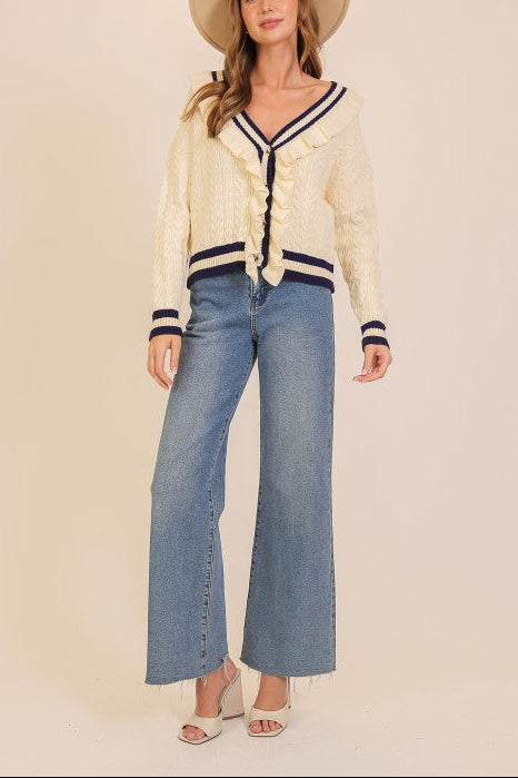 Ruffle-Trim Cable Knit Cardigan