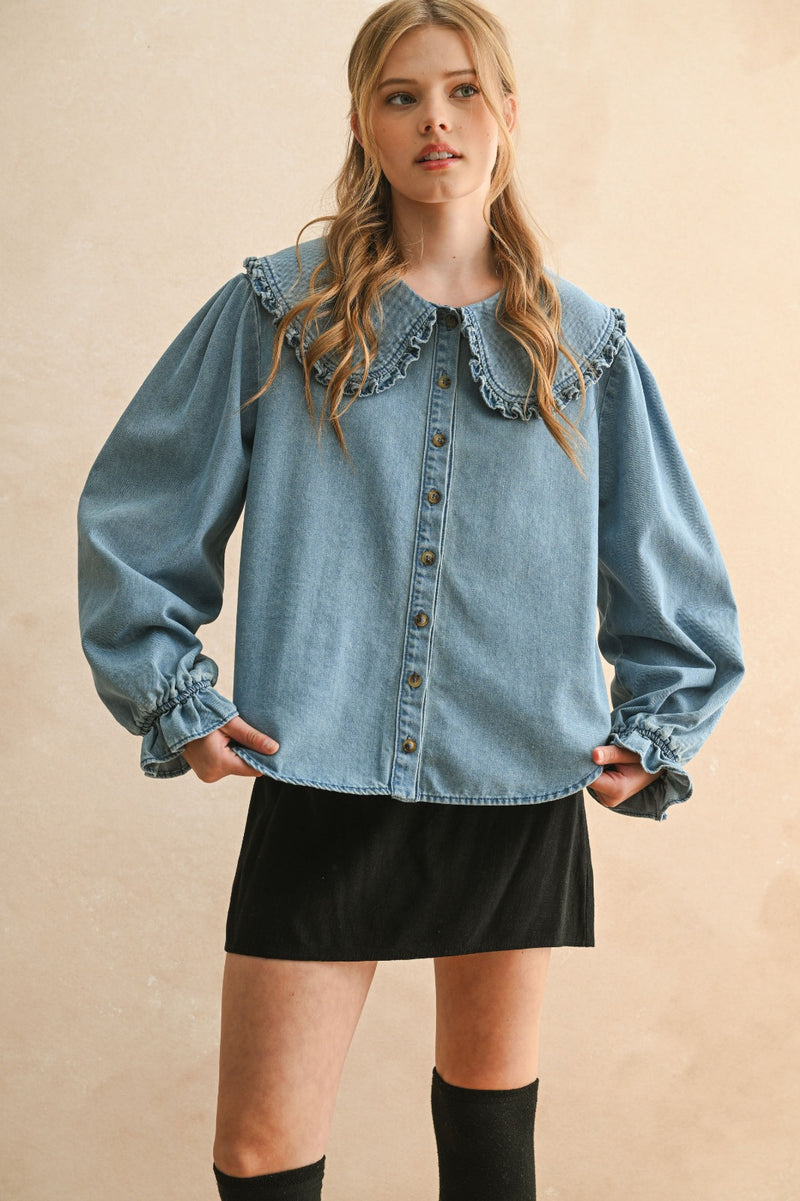 Ruffle Collar Denim Blouse