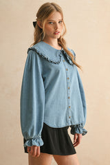 Ruffle Collar Denim Blouse