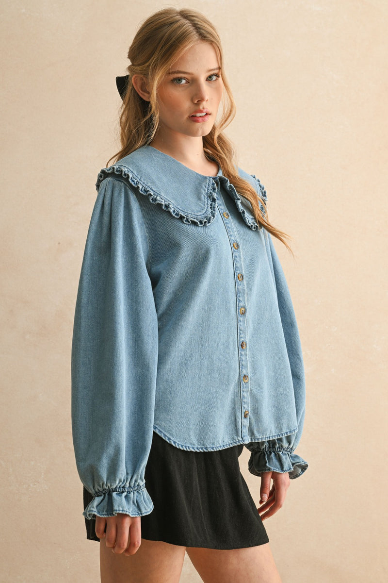 Ruffle Collar Denim Blouse