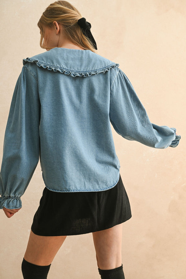 Ruffle Collar Denim Blouse