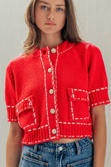 Red Knit Contrast Stitch Cardigan