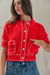Red Knit Contrast Stitch Cardigan