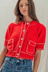 Red Knit Contrast Stitch Cardigan