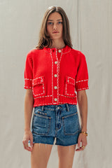Red Knit Contrast Stitch Cardigan