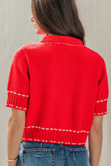 Red Knit Contrast Stitch Cardigan
